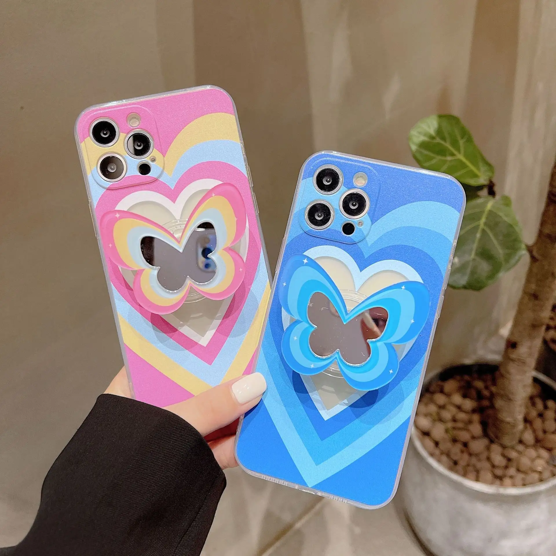 New arrival love pink chrome heart phone case with stands for iphone 13 pro max phone case cover