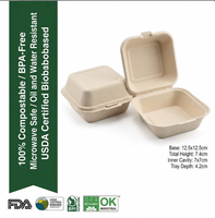 Hot Item 4 Inch Bruine Biologisch afbreekbare Burgerverpakking Saccharum-pulp Lunchbox Scharnierende Klep Water- en Oliebestendig