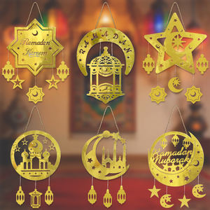 Ornement mural Ramadan, croissant de lune doré et étoile avec découpes de <span class=keywords><strong>château</strong></span> et de lanterne, décoration de porte pour la maison, festival islamique - Product Image 1