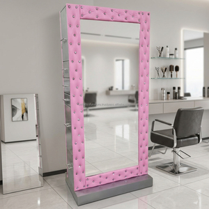 Station de coiffure traditionnelle en bois durable avec miroir, tiroirs et éclairage LED pour salon de coiffure et barbier - Product Image 1