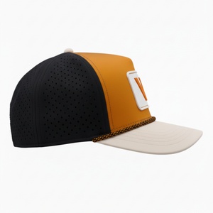 หมวกแก๊ปตาข่ายแบบกำหนดเอง OEM พร้อมโลโก้ 5 แผง ปีกโค้งเล็กน้อย แบบ Snapback ป้ายยางกันน้ำ หมวกกอล์ฟ - Product Image 3