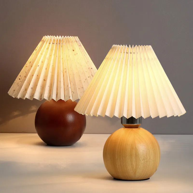 Fashion Decorative Home Lighting Bedroom Solid Wood Fabric art Pleated lamp shade LED Table Lamp