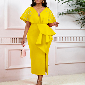 D516 Nouvelle Collection Robe de Soirée Élégante pour Femme, Col en V Sexy, Volants, Fente, Perles, Idéale pour l'Été - Product Image 4