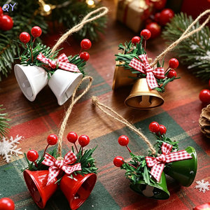 QY Metal Xmas Bell Decor Plaid Bow Pine Berry Hanging Pendant Home Holiday Wholesale <b>Small</b> Ornament - Product Image 6
