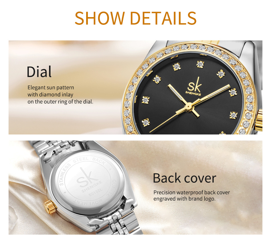 SHENGKE レディースクォーツウォッチ ゴールドトーンビッグラウンドケース 高級クリスタルベゼル ステンレススチールバンド 多機能 防水 　並行輸入