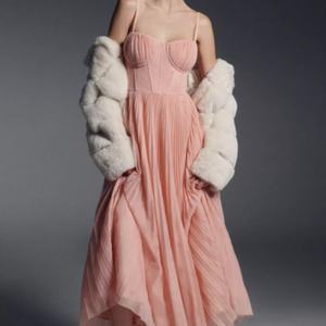 Vestido Midi Casual con Corsé Bordado Floral, Plisado de Tul, Corte Ajustado y Evase, Decoración de Encaje Calado con Patrón Floral para Citas de Verano - Product Image 1