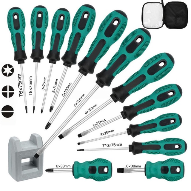 Industrial Manual Screwdriver Set Multi-Functional Magnetic Plastic Repair Hardware Tools Phillips Torx Steel Screwhead 12in1