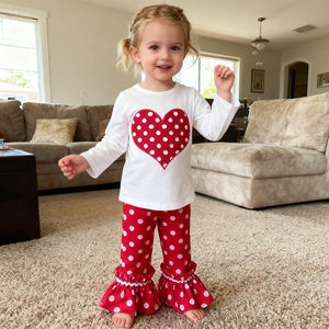 Commercio all'ingrosso di san valentino vestiti per bambini camicia con applicazioni a cuore carino abbinata a punti <span class=keywords><strong>rossi</strong></span> <span class=keywords><strong>pantaloni</strong></span> con volant per bambine set di abbigliamento - Product Image 1