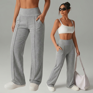 Pantalon large taille haute gris uni en maille extensible mélange polyester respirant à enfiler coupe ample longueur totale pour femme - Product Image 3