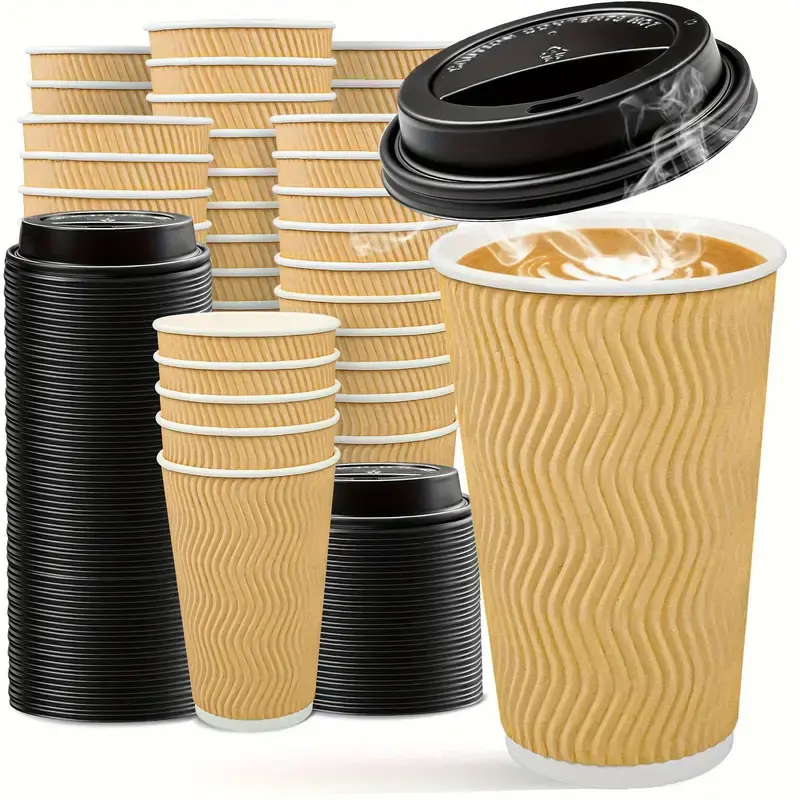Copos de café quente pretos de papel de parede dupla descartáveis com logotipo personalizado com tampas para bebidas quentes
