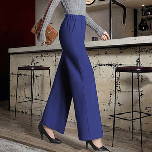 Women's High Waisted Wide Leg Pants Solid Color Crepe Loose Fit Elastic Waist Office Lady Full Length Trousers With Pockets - Product Image 3