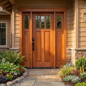 Porte d'entrée principale en bois massif de style artisanal américain, teck, acajou, Sungkai, avec panneaux latéraux - Product Image 2