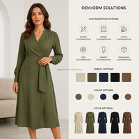 Nouvelle Collection Yegao – Robes Décontractées Mi-Longues en Coton Tissé à Col V et Manches Longues, Coupe Trapèze, Couleur Unie, pour Femme – Vente en Gros OEM