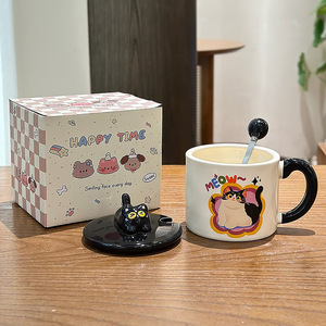<b>Cute</b> Cat Themed Ceramic <b>Mug</b> With Lid Spoon And Handle Cartoon Design For Gift 2025 New Creative Couple Water Cup - Product Image 3