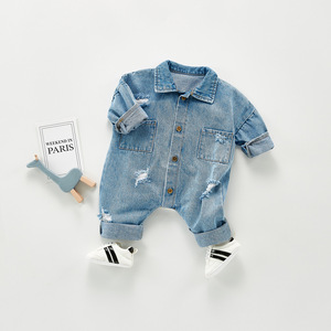 Venta directa de fábrica nueva ropa de primavera otoño niños pequeños monos de mezclilla de moda niños niñas mamelucos de manga larga con agujeros - Product Image 5