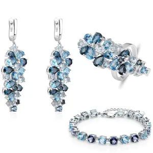 A3163 Роскошные серьги, кольцо и браслет для женщин, натуральный синий топаз, Стерлинговое Серебро 925 пробы, Модные Ювелирные наборы для невесты
