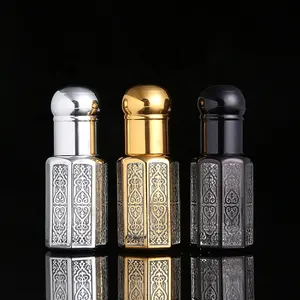 CJ botol minyak esensial kaca Attar, tutup sekrup desain baru, 3ML 6ML 12ML, oktagon emas, botol minyak esensial untuk minyak parfum Oud