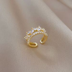 Anillo de Boda de Acero Inoxidable con Circonitas, Anillo Abierto Brillante Chapado en Oro de 18k, Estilo Lujoso para Mujer - Product Image 5