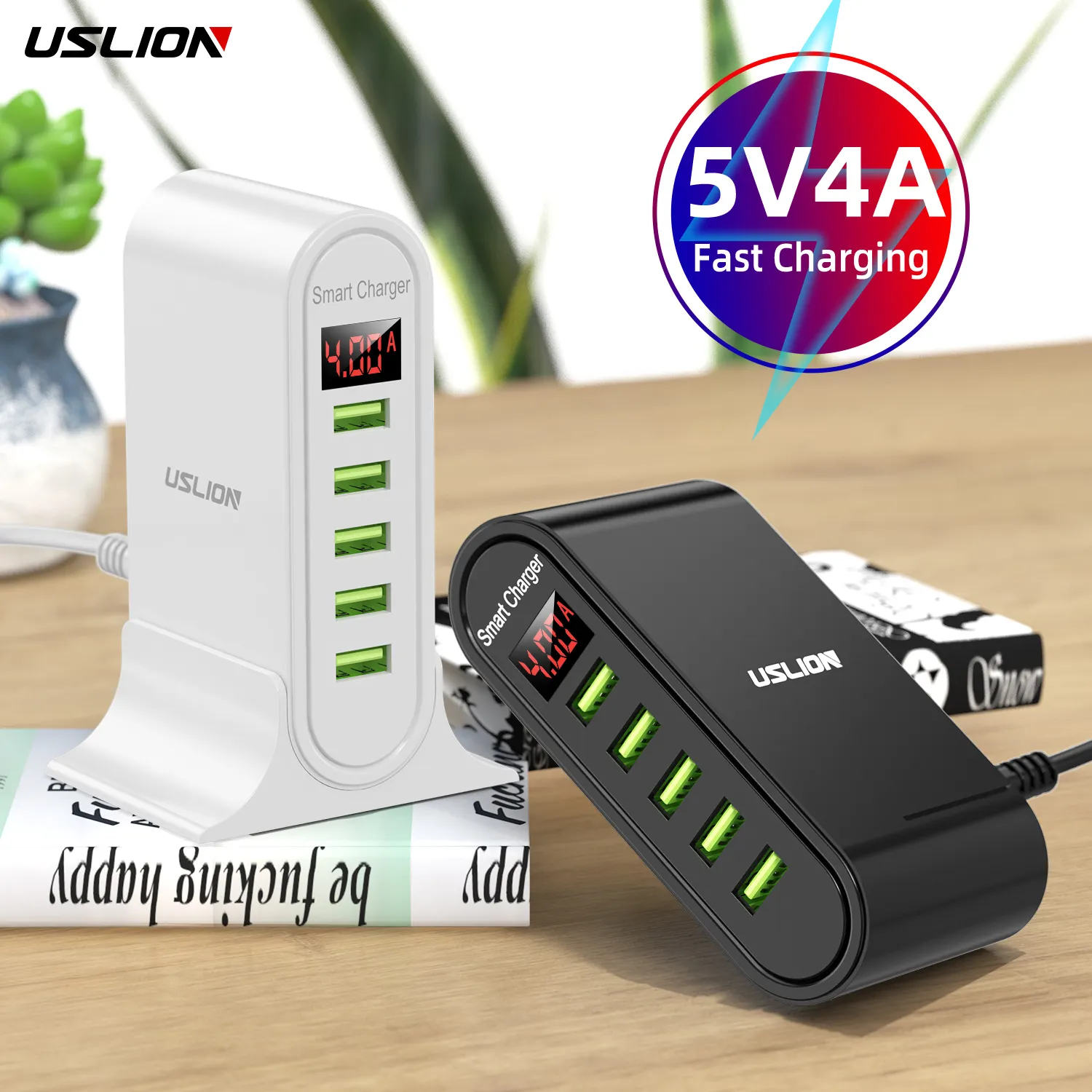 USLION-cargador USB de 5 puertos, HUB con pantalla LED, estación de carga multiusb, Universal, para teléfono móvil, escritorio y pared de casa