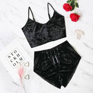 Fashion Woman 2pcs Velvet Sleepwear Sexy Spaghetti Strap <b>Shorts</b> Pajamas Set Women <b>Ladies</b> Pajama Party Set L0192 - Product Image 2