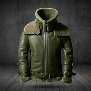 Chaqueta de Motociclista de Cuero Genuino Verde Oliva para Hombre, Forrada con Sherpa, Abrigo de Invierno para Motociclista con Cremallera y Cinturón - Product Image 5