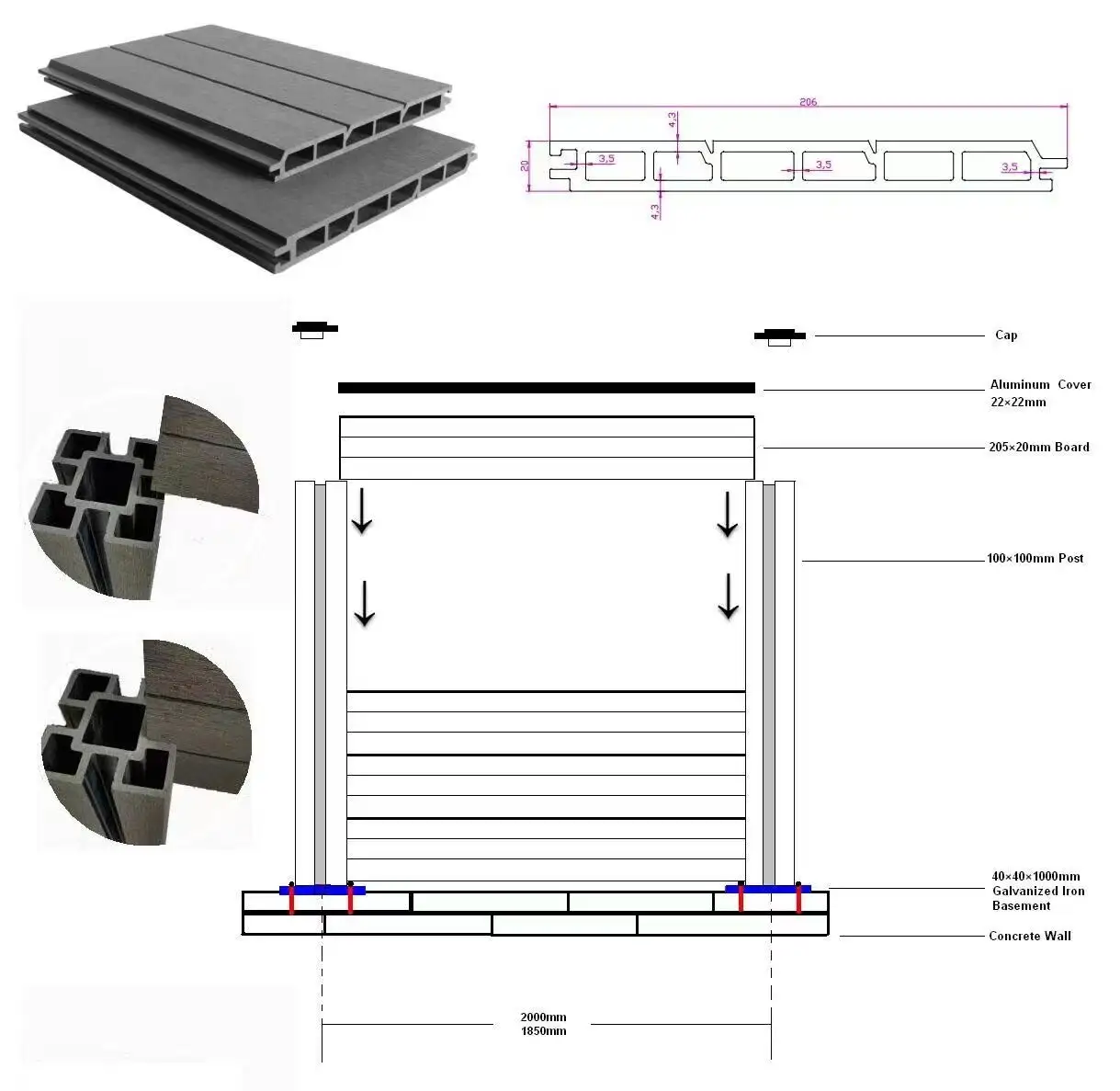 Perfect design length 2.2m/2.9m/5.8m/3.6m/5m decking aluminum wooden plastic composite wpc fence