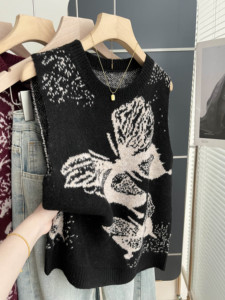 Chaleco de punto jacquard con estampado animal y cuello redondo para mujer, negro, sin mangas, transpirable, holgado, informal, para otoño, top sin mangas para combinar en capas - Product Image 2