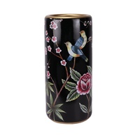 RYYL19-A Vase porte-parapluie en gros, motif floral coloré avec oiseaux sur fond noir et bordure dorée, pour la décoration intérieure et les tables d'hôtel