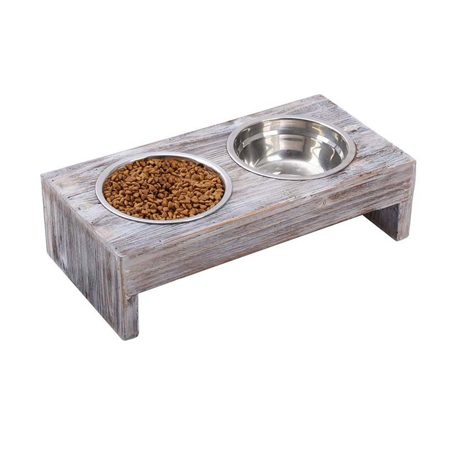 Raised Dog Bowl Stand Rustic Wood Pet Feeder with 2 Stainless Steel Bowls - HS Model HS-24S648