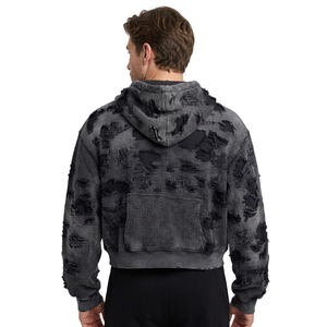 Sweat à capuche zippé oversize pour homme, 100% coton, effet délavé, tricot gaufré, streetwear personnalisé - Product Image 3