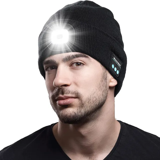 Rechargeable Winter Warm Knit Lighted Cuffed Headlight Headlamp Winter Sports Warm Bluetooth 5.0 Wireless Headphone Music Hat