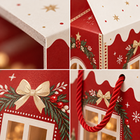 Scatola di Cartone Pieghevole a Forma di Casa con Finestra, Manico in Corda Rossa, Decorazione Natalizia, Confezione Regalo Personalizzata Stampata