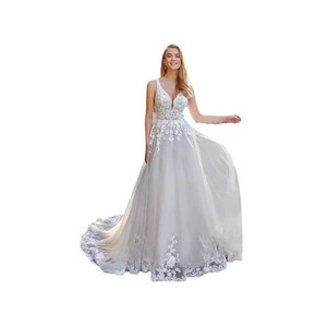 A-Line V-Neck Wedding Dress White Embroidered Organza Tulle Backless Train Natural Waistline JM366 - Product Image 5