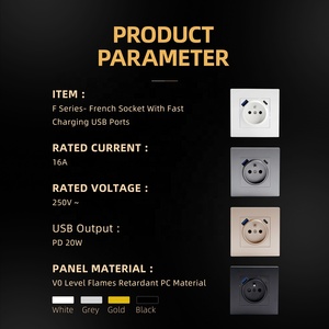 Prise murale française <span class=keywords><strong>2P</strong></span>+<span class=keywords><strong>T</strong></span> avec ports USB de charge rapide PD20W Type-A Type-C, conforme aux normes européennes, ignifuge, panneau <span class=keywords><strong>PC</strong></span> 86*86 - Product Image 2