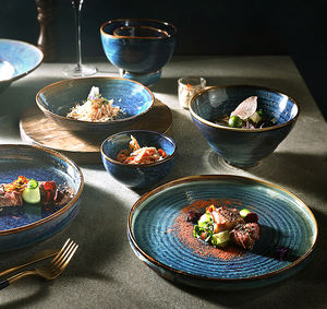 Service de table de restaurant en porcelaine, vaisselle en céramique artisanale, assiettes, tasses, vaisselle en grès, bol, vaisselle en céramique durable de couleur bleue - Product Image 2