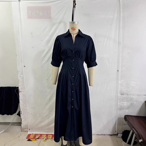 Nouvelle collection Printemps/Été 2026 – Robe <span class=keywords><strong>midi</strong></span> vintage unie à col en V, manches bouffantes et taille haute en popeline, style décontracté, pour femme, inspiration transfrontalière Europe-Amérique - Product Image 3