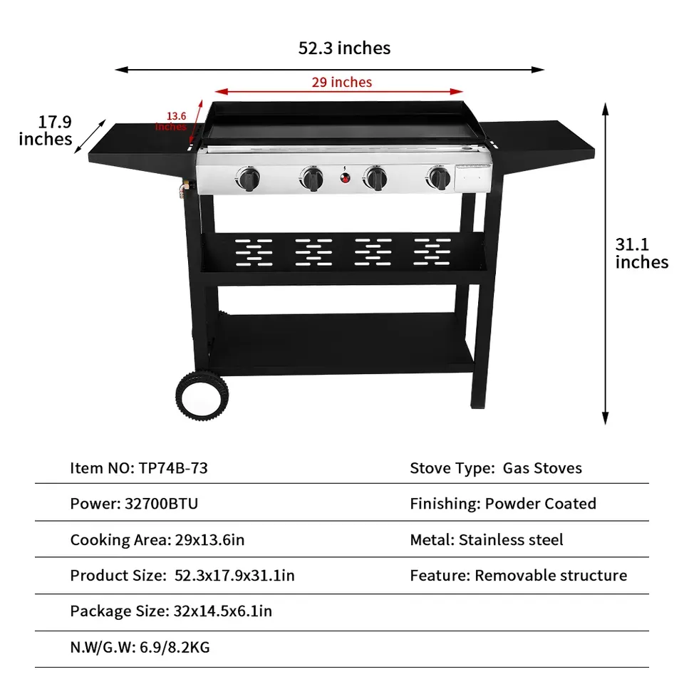 Stainless Steel 4-Burner BBQ Propane Gas Smokeless Grill Cabinet Style Gas Grill with Side Burner
