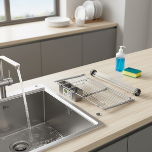 Escurridor de Platos Extensible con 2 Cestas Extraíbles, Ahorra Espacio, Organizador de Cocina, Color Gris - Product Image 2