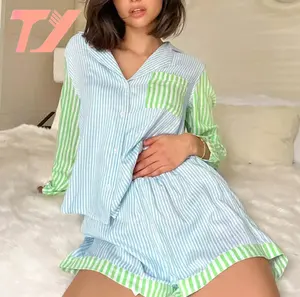 TUOYI Summer Striped Pjs Fancy Y2K Nightwear Blue Cozy Lounge Wear