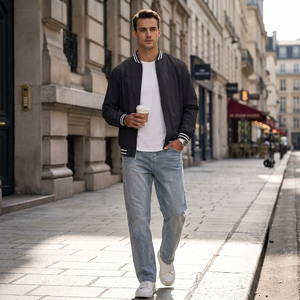 Blouson bomber unisexe noir, couleur unie, col montant, fermeture éclair sur le devant, vêtement d'extérieur décontracté, coupe régulière, spandex/fibre de bambou - Product Image 5