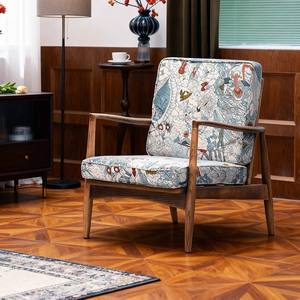 Fauteuil simple en bois massif de style français avec tissu imprimé pour salon - Product Image 1