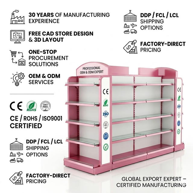 30 Years Manufacturer Supermarket Display Shelf, Customized Pink Metal Shelving for Retail Store Fixture
