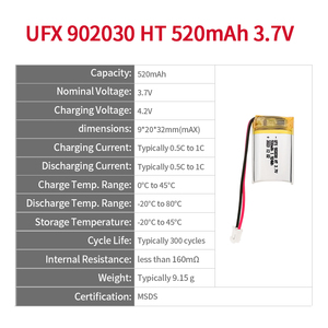 UFX 골드 공급업체 리튬 폴리머 배터리 <span class=keywords><strong>3.7v</strong></span> 520mah 고온 충전식 <span class=keywords><strong>Lipo</strong></span> 배터리 판매 중 - Product Image 2