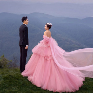 Mori Girl Style Pink Tulle Ball Gown Wedding Dress Strapless Empire Waistline With Train For Outdoor Photoshoot - Product Image 3