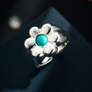 <b>Silver</b> Flower Shaped Open <b>Ring</b> With Turquoise Stone <b>Adjustable</b> Index Finger Jewelry Gift - Product Image 4