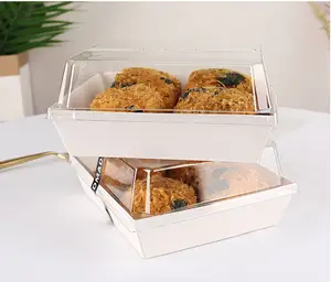 Grosir Kotak Kertas Kue Pastry Putih Kustom Kualitas Tinggi dengan Tutup PET Bening untuk Camilan Makanan Penutup Kue Gulung Kemasan Makanan Cepat Saji