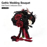 Gotischer Brautstrauß mit schwarzen und roten künstlichen Rosen und Perlen für Halloween-Geisterthemen-Hochzeitszeremonie-Dekoration