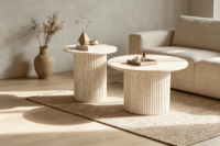 Ensemble de tables basses gigognes rondes, plateau en MDF avec autocollant travertin jaune, base cylindrique cannelée, tables d'appoint modernes pour salon