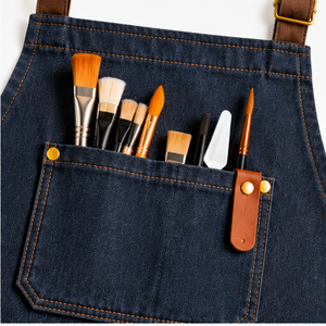 Delantal de Artista Azul Marino con Tirantes en Contraste Color Bronceado y Bolsillos para Herramientas, Ideal para Pintura y Talleres de Manualidades - Product Image 6