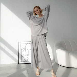 Ladymate ODM/OEM Ropa Dormi Pijamas y pantalones de manga larga para mujer Acanalado Seda de hielo Ropa de punto de dos piezas Ropa de dormir Loungewear - Product Image 2